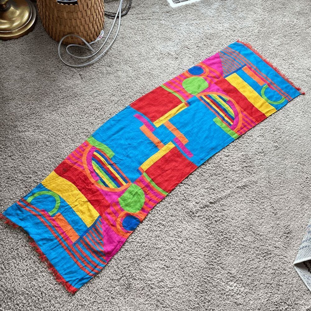 VTG Liz Claiborne Geometric Scarf 17x56 Memphis Colorblock Fringe Dopamine